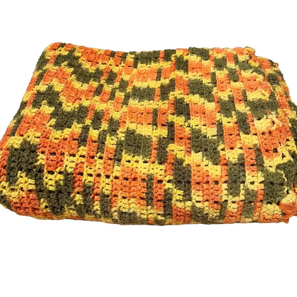 Vintage ca 70s Handmade Orange, Green, and Yellow Crocheted Afghan Blanket